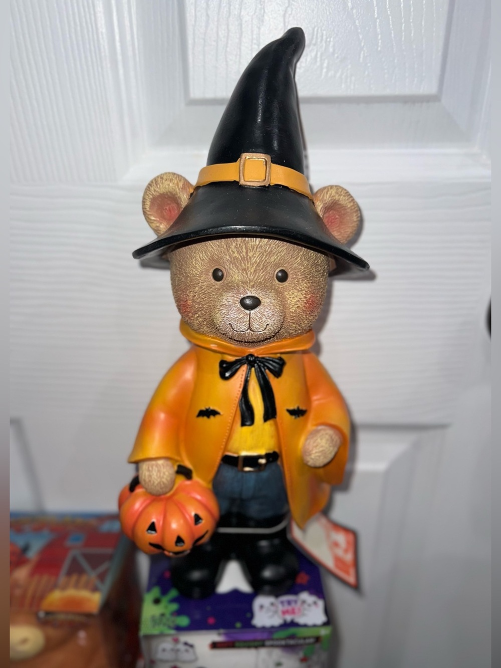 Halloween Teddy Bear Wearing A Witch Hat & Orange Cape W/Bats Holding A Pumpkin